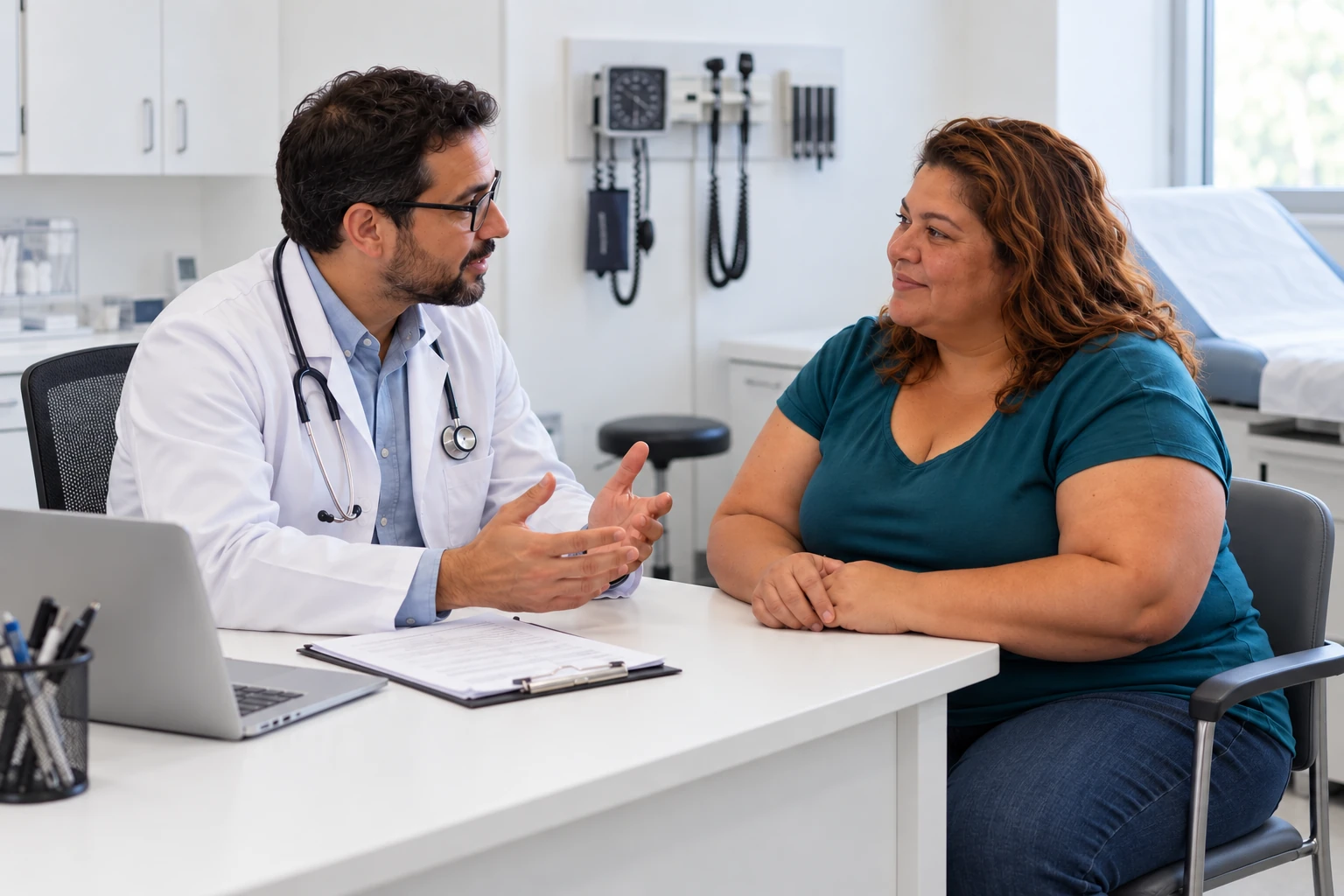 A mesma paciente em uma consulta de avaliação com um médico. Cena ilustrativa.