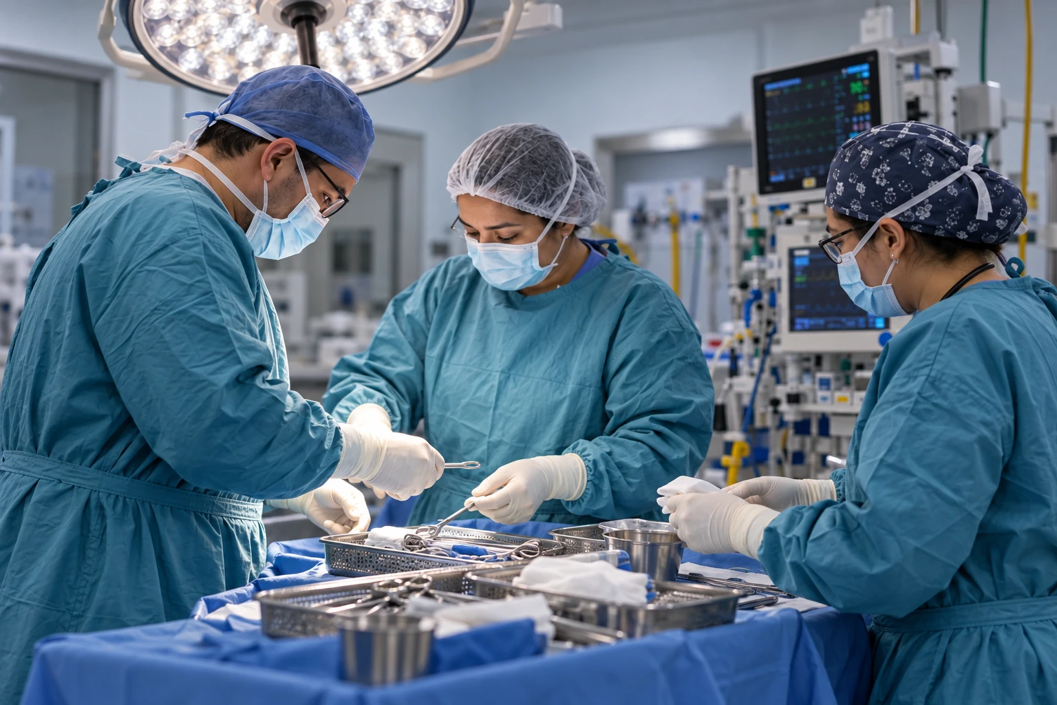 Equipe médica paramentada trabalhando no centro cirúrgico, sem paciente visível. Cena ilustrativa.