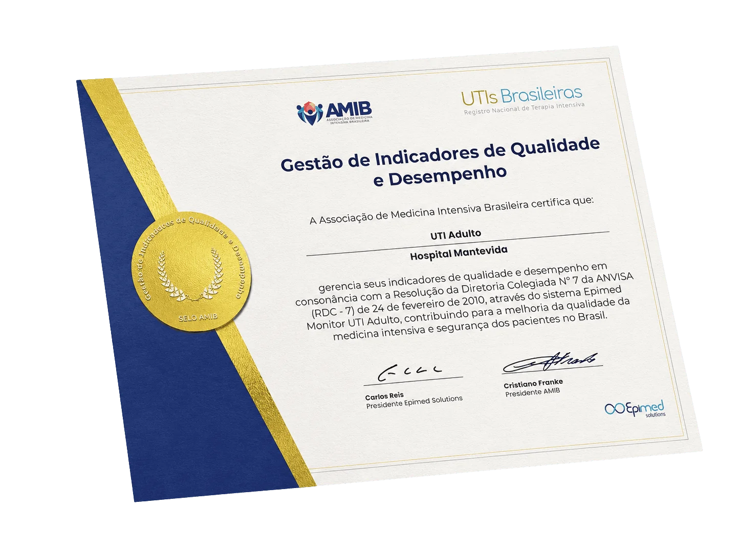 Certificado de Gestão de Indicadores de Qualidade e Desempenho AMIB e Epimed