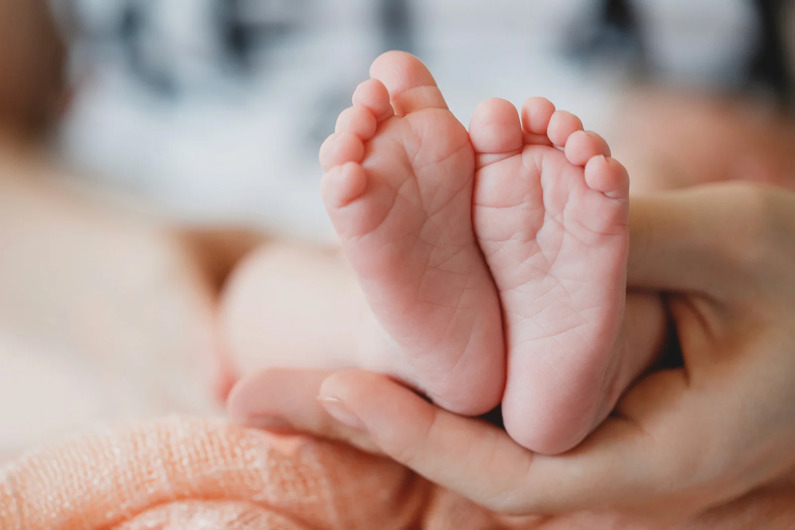 Pés de um recém-nascido acolhidos pelas mãos de um adulto