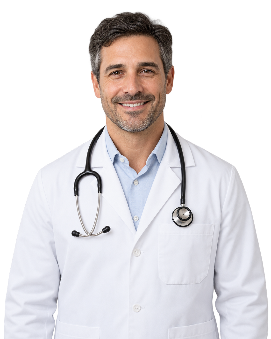 Retrato de campanha: médico com jaleco branco e estetoscópio